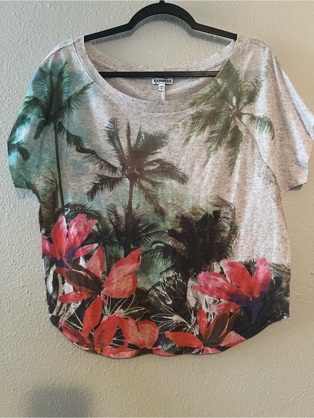 Express Printed Short Sleeve Tee with Pink Floral & Green Palm Motif